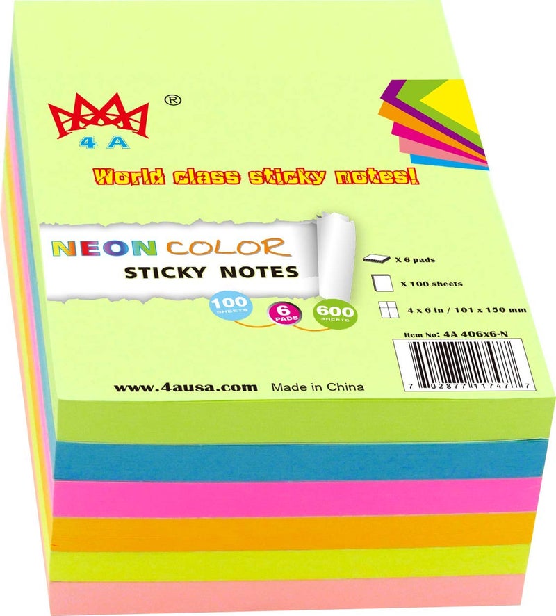 4A Sticky Notes,4 x 6 Inches,Large Size,Neon Assorted,Self-Stick Notes,100 Sheets/Pad,6 Pads/Pack,4A 406x6-N - Image 1